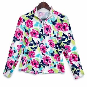 SanSoleil SolTek LUX 1/4 Zip Camelia Pink Floral Tennis Golf Top Medium Mesh UV